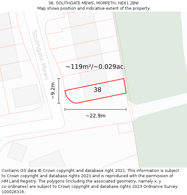 38, SOUTHGATE MEWS, MORPETH, NE61 2BW: Plot and title map
