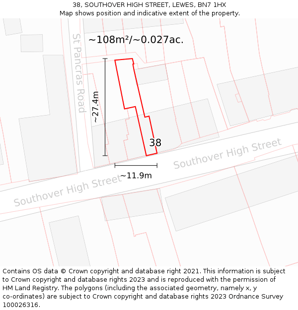 38, SOUTHOVER HIGH STREET, LEWES, BN7 1HX: Plot and title map