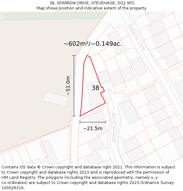 38, SPARROW DRIVE, STEVENAGE, SG2 9FD: Plot and title map