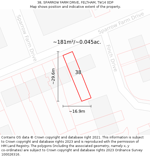 38, SPARROW FARM DRIVE, FELTHAM, TW14 0DP: Plot and title map