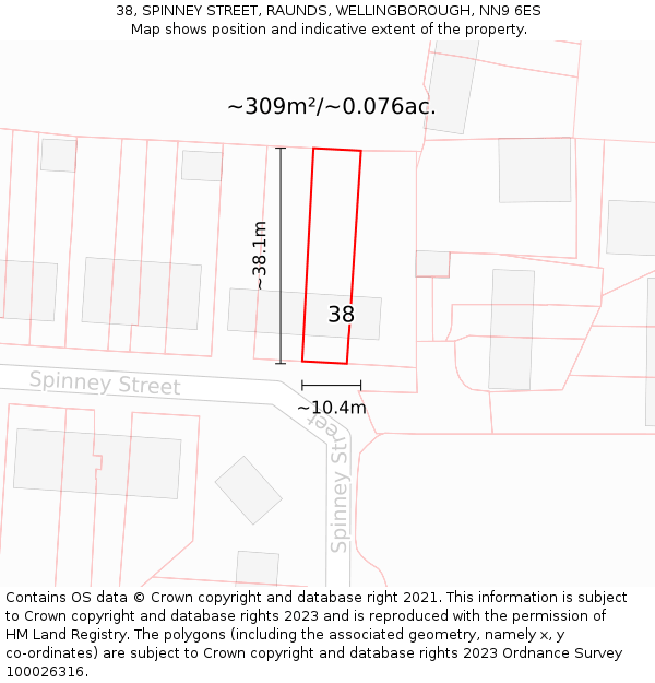 38, SPINNEY STREET, RAUNDS, WELLINGBOROUGH, NN9 6ES: Plot and title map