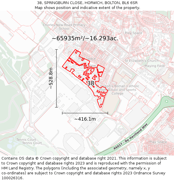 38, SPRINGBURN CLOSE, HORWICH, BOLTON, BL6 6SR: Plot and title map