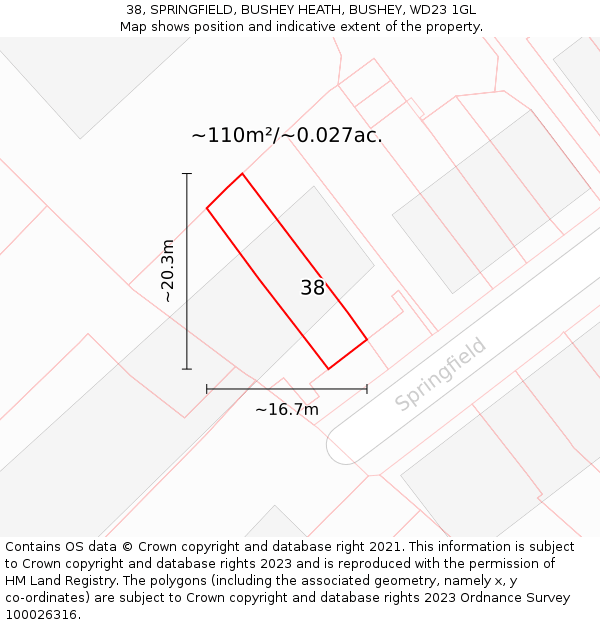 38, SPRINGFIELD, BUSHEY HEATH, BUSHEY, WD23 1GL: Plot and title map