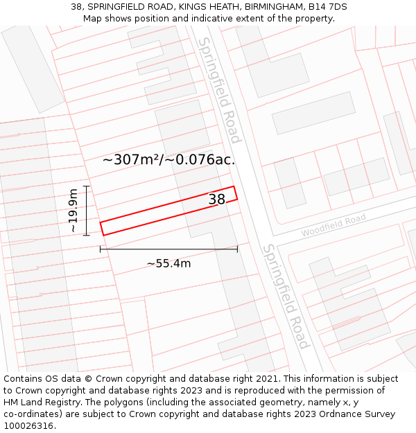 38, SPRINGFIELD ROAD, KINGS HEATH, BIRMINGHAM, B14 7DS: Plot and title map