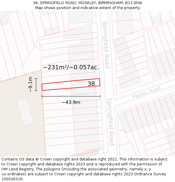 38, SPRINGFIELD ROAD, MOSELEY, BIRMINGHAM, B13 9NW: Plot and title map