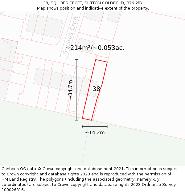 38, SQUIRES CROFT, SUTTON COLDFIELD, B76 2RY: Plot and title map