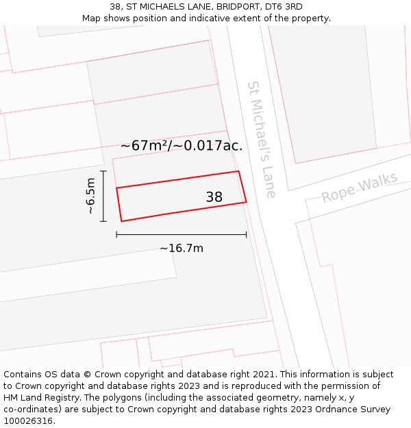 38, ST MICHAELS LANE, BRIDPORT, DT6 3RD: Plot and title map