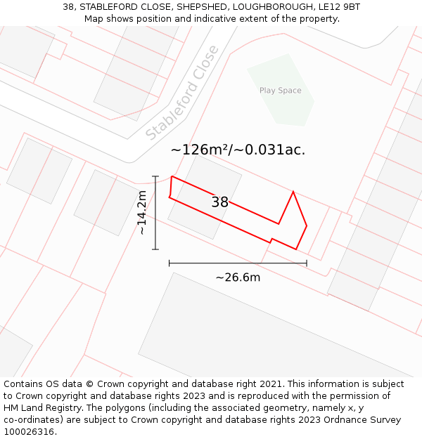38, STABLEFORD CLOSE, SHEPSHED, LOUGHBOROUGH, LE12 9BT: Plot and title map
