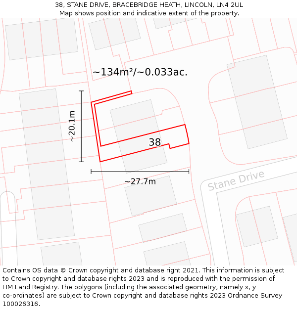 38, STANE DRIVE, BRACEBRIDGE HEATH, LINCOLN, LN4 2UL: Plot and title map