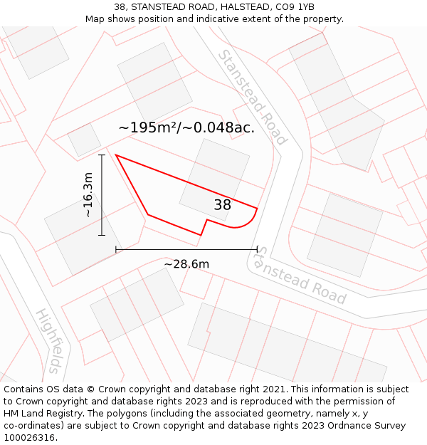 38, STANSTEAD ROAD, HALSTEAD, CO9 1YB: Plot and title map