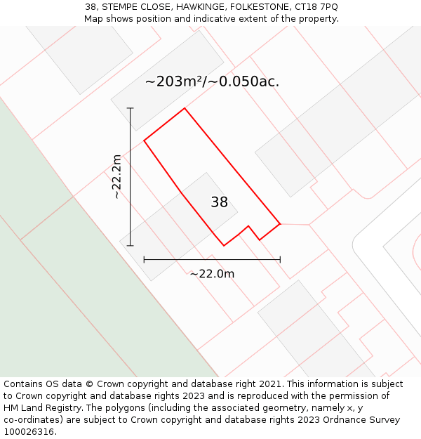 38, STEMPE CLOSE, HAWKINGE, FOLKESTONE, CT18 7PQ: Plot and title map