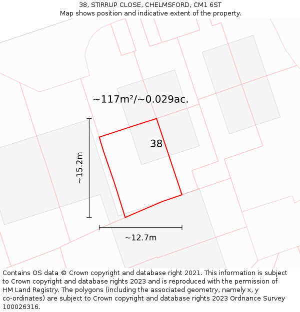38, STIRRUP CLOSE, CHELMSFORD, CM1 6ST: Plot and title map