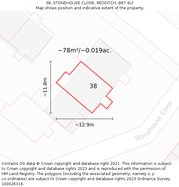 38, STONEHOUSE CLOSE, REDDITCH, B97 4LF: Plot and title map