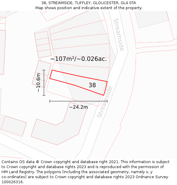 38, STREAMSIDE, TUFFLEY, GLOUCESTER, GL4 0TA: Plot and title map