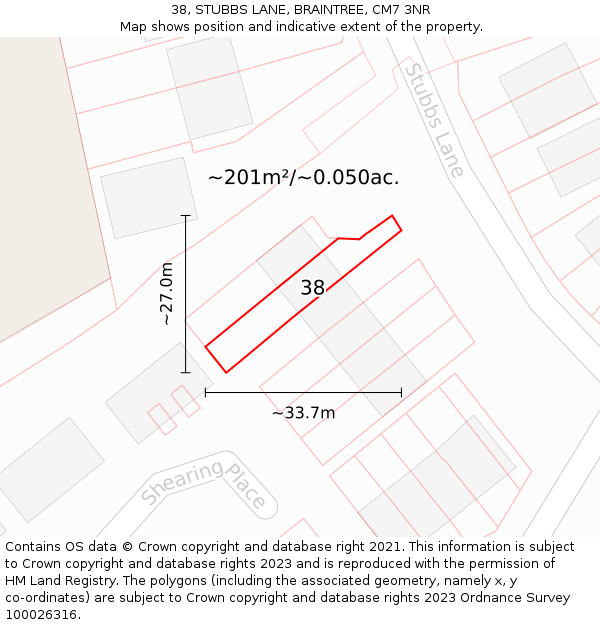 38, STUBBS LANE, BRAINTREE, CM7 3NR: Plot and title map