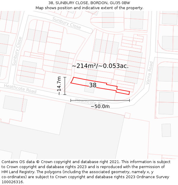 38, SUNBURY CLOSE, BORDON, GU35 0BW: Plot and title map