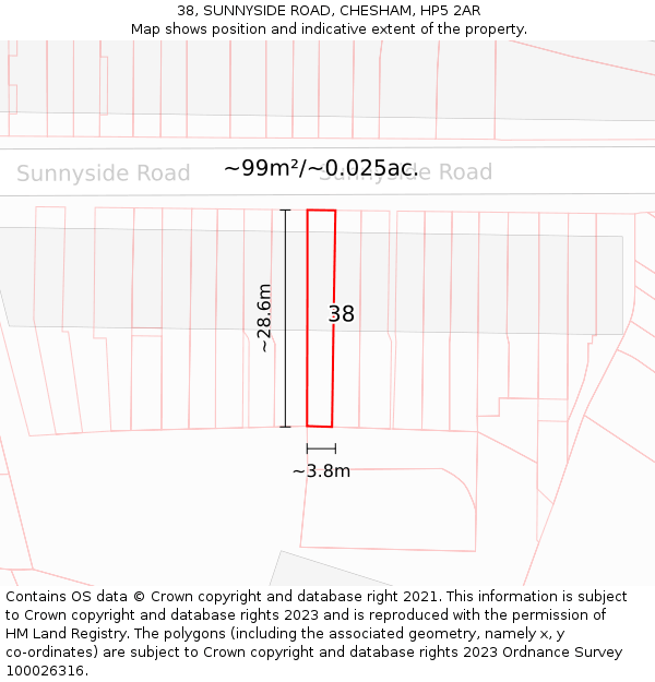 38, SUNNYSIDE ROAD, CHESHAM, HP5 2AR: Plot and title map