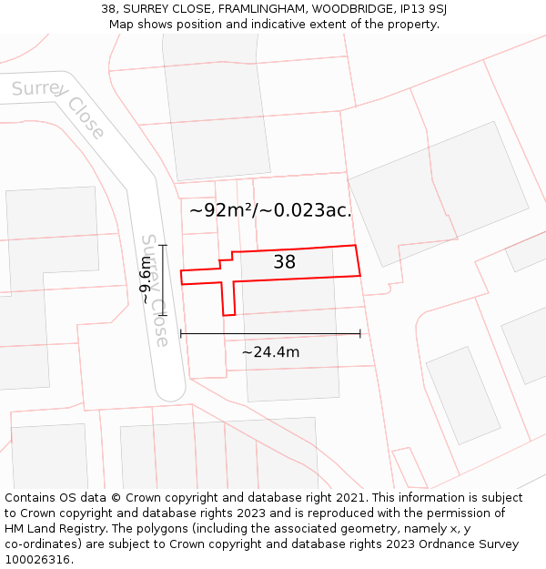 38, SURREY CLOSE, FRAMLINGHAM, WOODBRIDGE, IP13 9SJ: Plot and title map