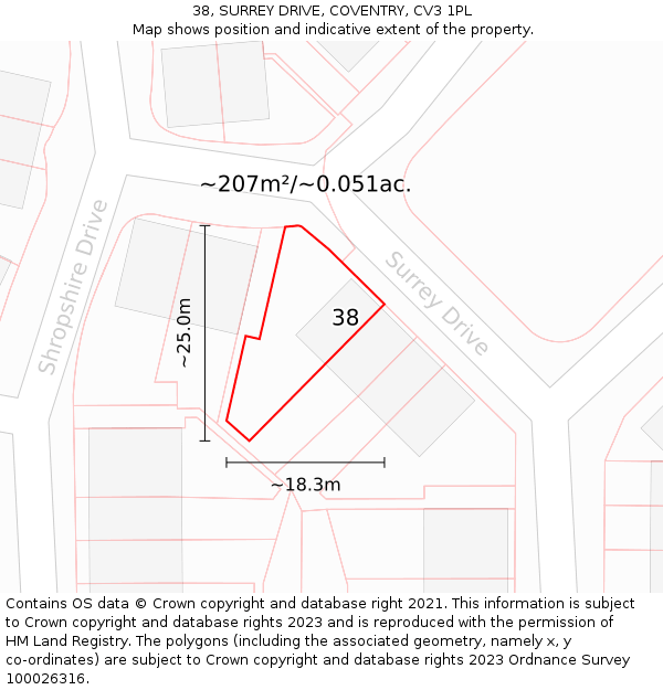 38, SURREY DRIVE, COVENTRY, CV3 1PL: Plot and title map