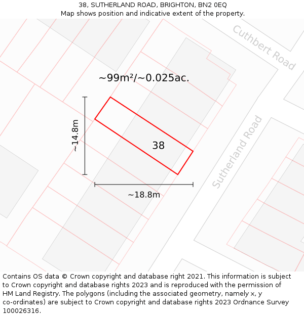38, SUTHERLAND ROAD, BRIGHTON, BN2 0EQ: Plot and title map