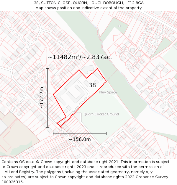 38, SUTTON CLOSE, QUORN, LOUGHBOROUGH, LE12 8GA: Plot and title map