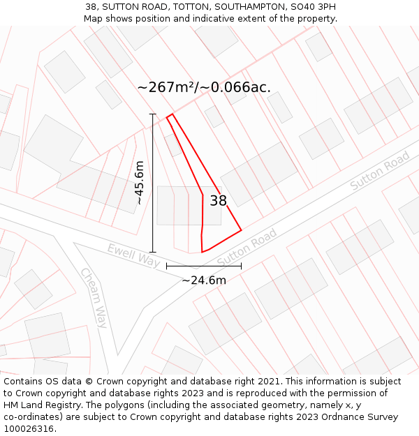 38, SUTTON ROAD, TOTTON, SOUTHAMPTON, SO40 3PH: Plot and title map