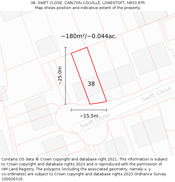 38, SWIFT CLOSE, CARLTON COLVILLE, LOWESTOFT, NR33 8TR: Plot and title map