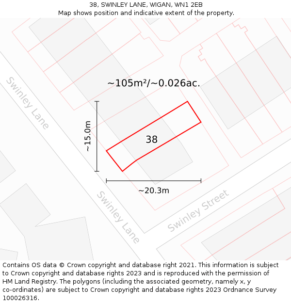 38, SWINLEY LANE, WIGAN, WN1 2EB: Plot and title map