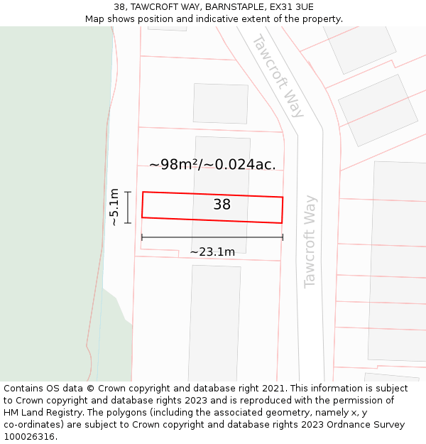 38, TAWCROFT WAY, BARNSTAPLE, EX31 3UE: Plot and title map