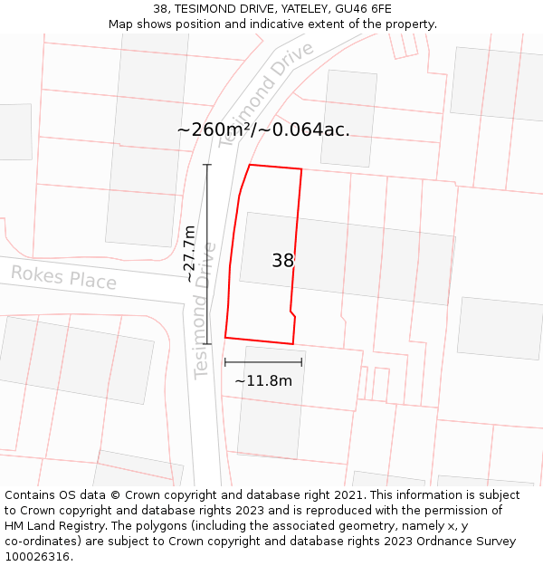 38, TESIMOND DRIVE, YATELEY, GU46 6FE: Plot and title map