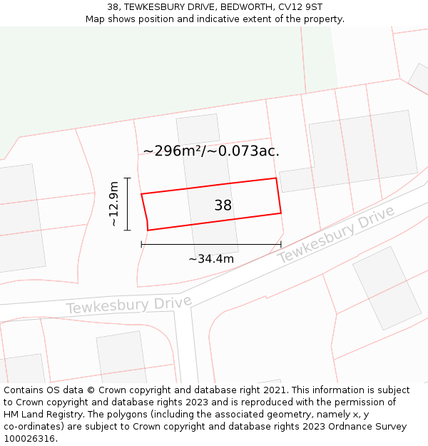 38, TEWKESBURY DRIVE, BEDWORTH, CV12 9ST: Plot and title map