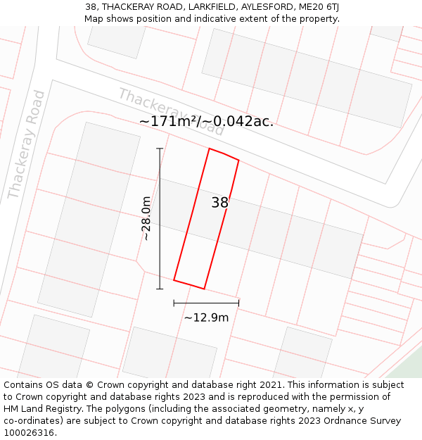 38, THACKERAY ROAD, LARKFIELD, AYLESFORD, ME20 6TJ: Plot and title map