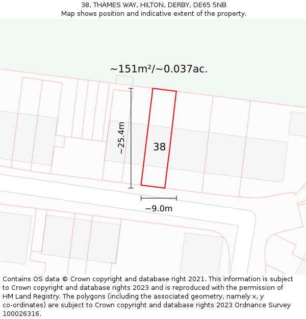 38, THAMES WAY, HILTON, DERBY, DE65 5NB: Plot and title map