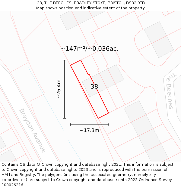 38, THE BEECHES, BRADLEY STOKE, BRISTOL, BS32 9TB: Plot and title map