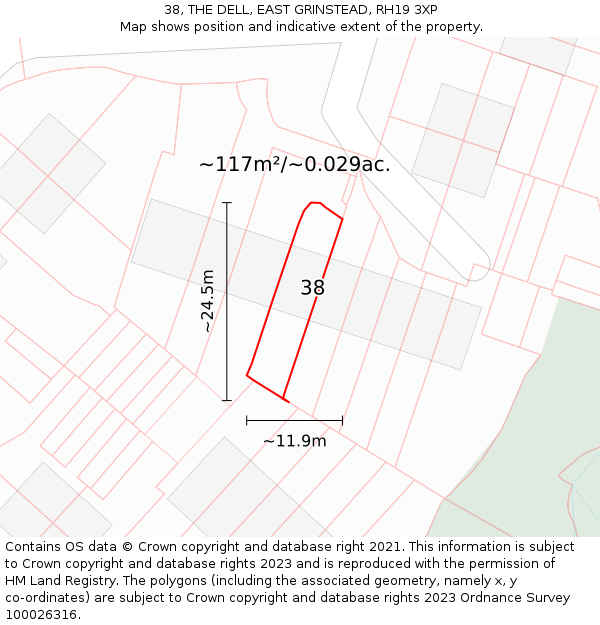 38, THE DELL, EAST GRINSTEAD, RH19 3XP: Plot and title map