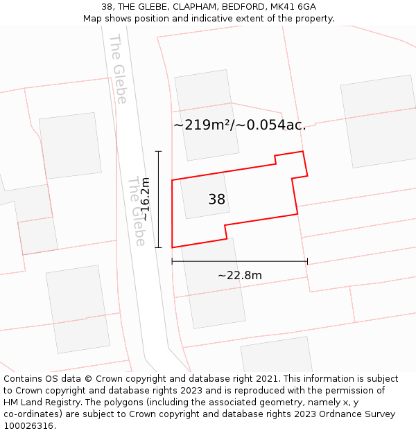 38, THE GLEBE, CLAPHAM, BEDFORD, MK41 6GA: Plot and title map