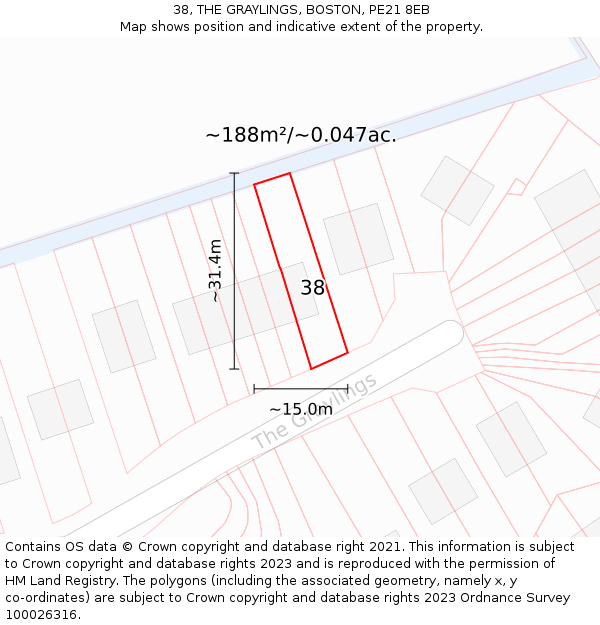 38, THE GRAYLINGS, BOSTON, PE21 8EB: Plot and title map