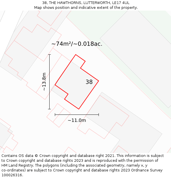 38, THE HAWTHORNS, LUTTERWORTH, LE17 4UL: Plot and title map