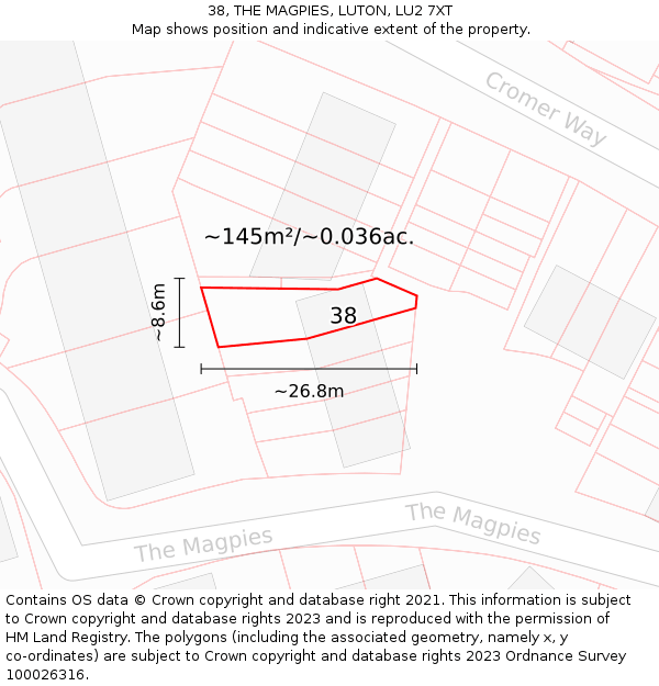 38, THE MAGPIES, LUTON, LU2 7XT: Plot and title map