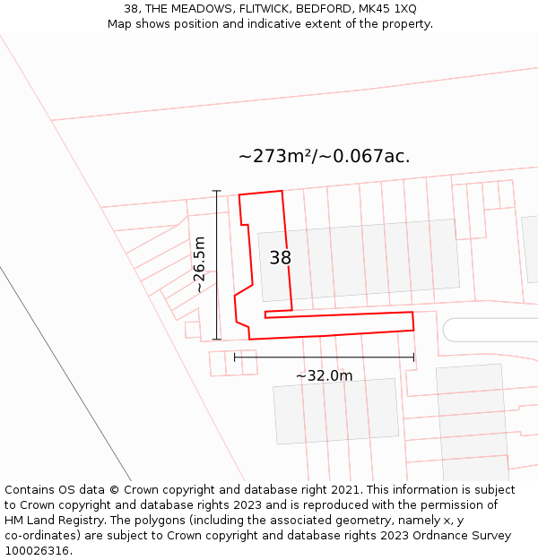 38, THE MEADOWS, FLITWICK, BEDFORD, MK45 1XQ: Plot and title map