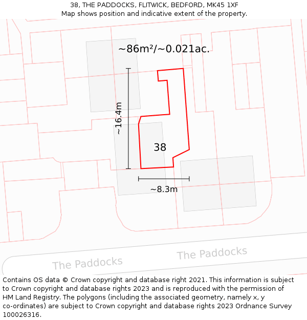 38, THE PADDOCKS, FLITWICK, BEDFORD, MK45 1XF: Plot and title map