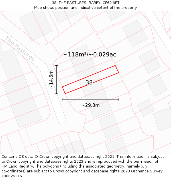 38, THE PASTURES, BARRY, CF62 9ET: Plot and title map