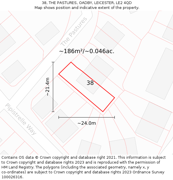 38, THE PASTURES, OADBY, LEICESTER, LE2 4QD: Plot and title map