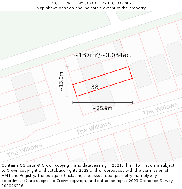 38, THE WILLOWS, COLCHESTER, CO2 8PY: Plot and title map