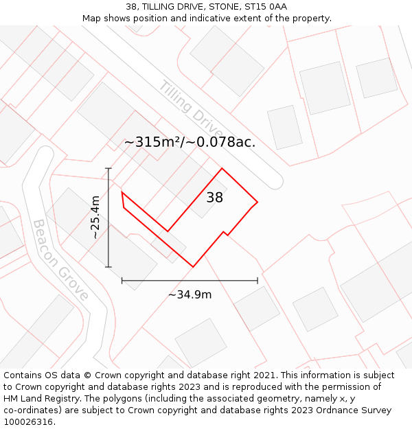 38, TILLING DRIVE, STONE, ST15 0AA: Plot and title map
