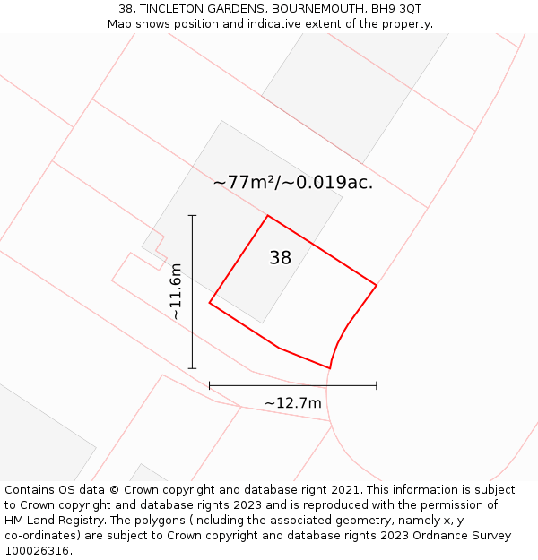 38, TINCLETON GARDENS, BOURNEMOUTH, BH9 3QT: Plot and title map