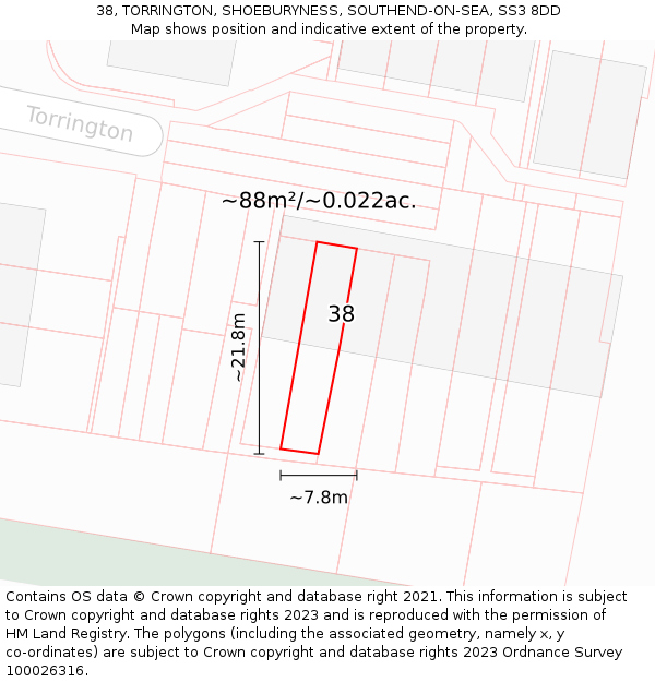 38, TORRINGTON, SHOEBURYNESS, SOUTHEND-ON-SEA, SS3 8DD: Plot and title map