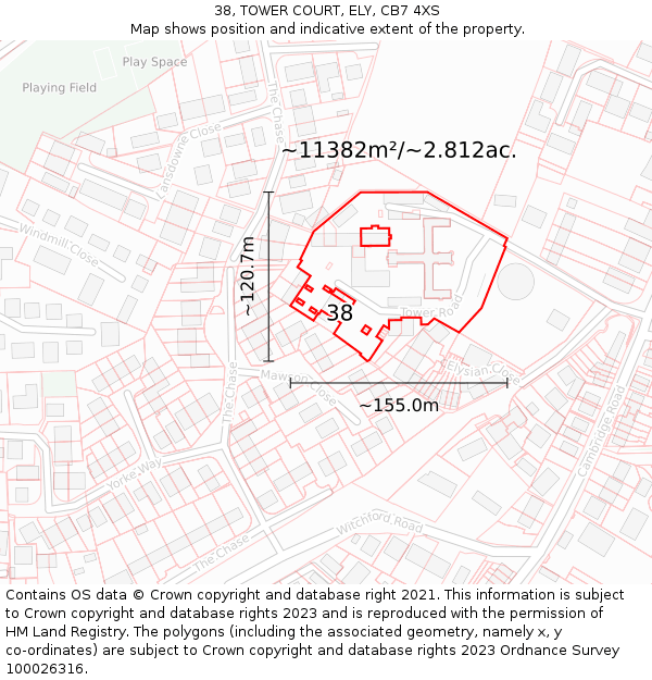 38, TOWER COURT, ELY, CB7 4XS: Plot and title map