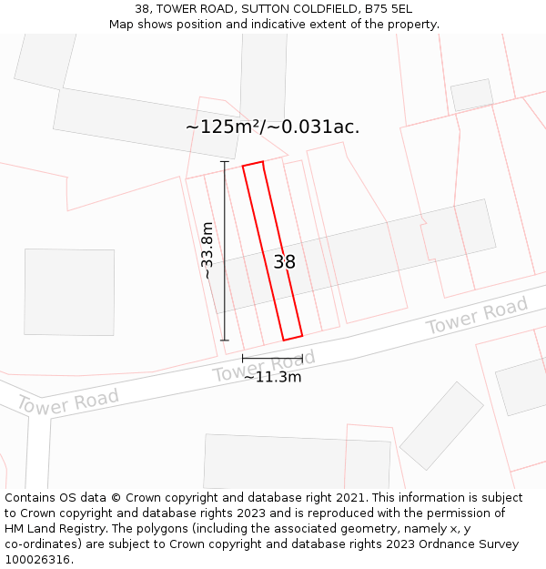 38, TOWER ROAD, SUTTON COLDFIELD, B75 5EL: Plot and title map