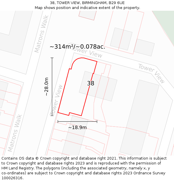 38, TOWER VIEW, BIRMINGHAM, B29 6UE: Plot and title map